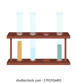 Tubos de ensayo para experimentos químicos y análisis en un soporte en un estilo plano. Inventario médico. Equipo para químicos. Equipo escolar. Aislado sobre un fondo blanco. Ilustración de vector de color