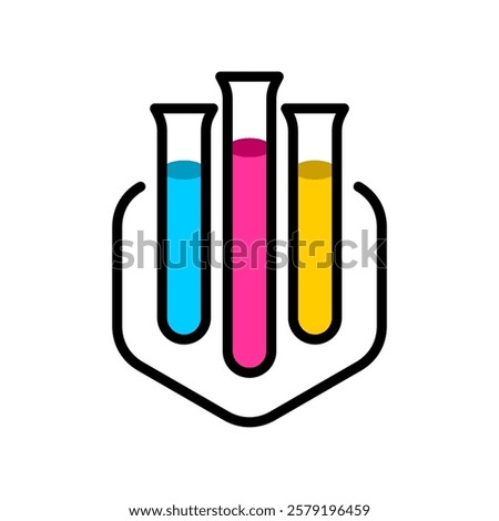 Test tubes chemical logo. Three colorful test tubes with liquid substance of various color. CMYK print or printer ink paint concept. Adjustable stroke.