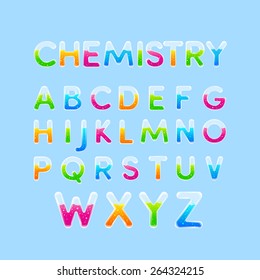 Test tubes & Chemistry alphabet colorful font style.Set of Capital letter A, B, C, D, E, F, G, H, I, J, K, L, M, N, O, P, Q, R, S, T, U, V, W, X, Y, Z. Vector illustration.