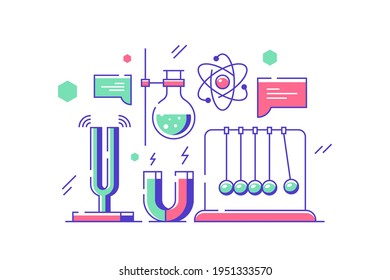 Tubos de ensayo e ilustración vectorial de laboratorio químico. Máscaras con líquidos, imanes, investigación científica de tipo plano. Ciencia y descubrimiento en el concepto de medicina. Aislado sobre fondo blanco