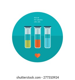Test tubes with colored liquids flat icon. Online medical diagnosis and medicine research. Flat design concepts for web banners and printed materials.