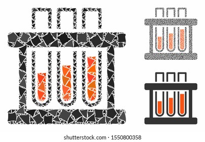 Test tubes composition of ragged pieces in different sizes and color hues, based on test tubes icon. Vector ragged parts are composed into composition. Test tubes icons collage with dotted pattern.