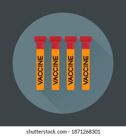 Test tubes  with coronavirus vaccine.  Cure search, vaccine development. Covid19 disease vaccination concept. Color pictogram with shadow. Vector icon.