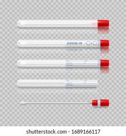 Test tubes with cotton swab for nasopharyngeal specimens. Set of realistic plastic tubes isolated on checkered background with results sample for coronavirus positive-negative. Vector illustration.