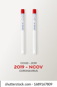 Test tubes with cotton swab for nasopharyngeal specimens. Realistic tube for testing in laboratory on coronavirus SARS CoV-2. Nasopharyngeal test for determination Covid-19 NCP. Vector illustration.