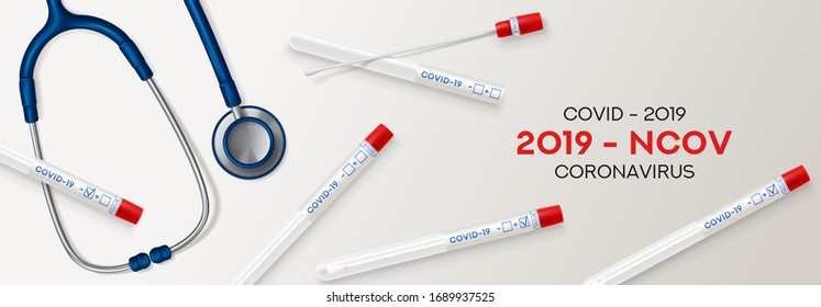 Test tubes with cotton swab for nasopharyngeal specimens. Realistic tube for testing in laboratory on coronavirus SARS CoV-2. Nasopharyngeal test for determination Covid-19 NCP. Vector illustration.