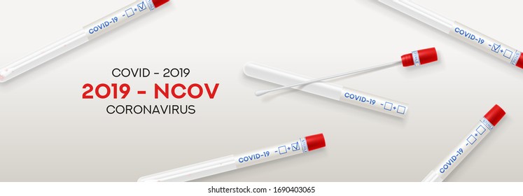 Test tubes with cotton swab for nasopharyngeal specimens. Realistic tube for testing in laboratory on coronavirus SARS CoV-2. Nasopharyngeal test for determination Covid-19 NCP. Vector illustration.