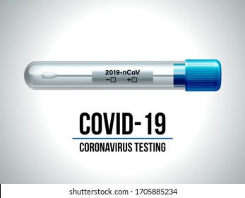 Test tubes with cotton swab for nasopharyngeal specimens. Realistic plastic tube with results sample for coronavirus positive-negative. Vector illustration.