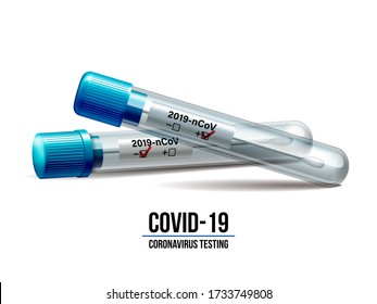 Test tubes with cotton swab for nasopharyngeal specimens. Realistic plastic tube with results sample for coronavirus positive-negative. Vector illustration.