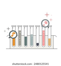 Test tubes with different colors of gaseous and regular liquids, along with two magnifying glasses that indicate bacteria