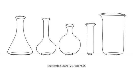 Test tubes of different shapes and sizes. Flasks used in science. World Science Day. One line drawing for different uses. Vector illustration.