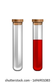 Test Tubes Empty and with Blood, Retorts, Beakers, Reactants, Medical Glasswares. Isolated on White Background