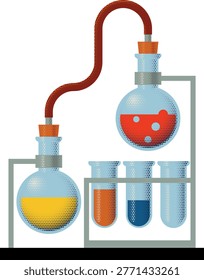 Test tubes and flask beakers with chemicals retro vintage halftone style science chemistry experiment icon illustration
