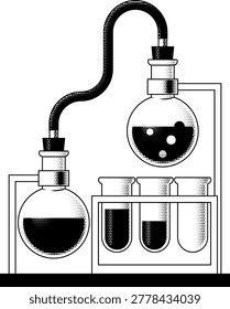 Test tubes and flask beakers with chemicals retro vintage halftone style science chemistry experiment icon illustration
