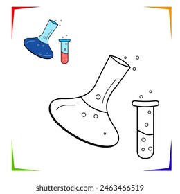 Test tubes, flask with bubbles for the subject chemistry experiment. Vector coloring page. Educational worksheet. Elements for coloring book, design illustrations in the style of outline for kids.