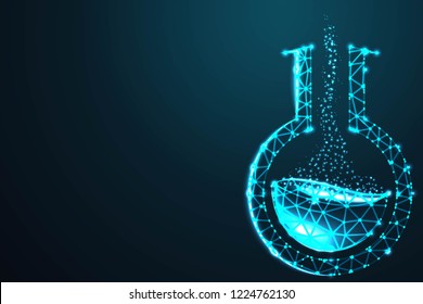 Test tubes, flask laboratory isolated from low poly wireframe, Abstract 3d polygonal wireframe on blue night sky with dots and stars. illustration or background