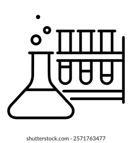 Test tubes, flask, laboratory, science, chemical, experiment round line vector icon with editable stroke 