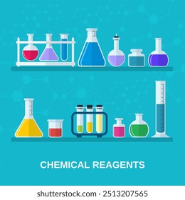 tubos e frascos de ensaio com líquidos coloridos. Reagentes químicos e utensílios de laboratório. Ciência, educação, química, experimento, conceito de laboratório. ilustração vetorial em design plano