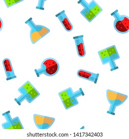 Test Tubes And Flasks Vector Color Icons Seamless Pattern. Chemistry Tubes With Liquid Linear Symbols Pack. Scientific Glassware With Chemical Fluid. Laboratory Research, Lab Equipment Illustration