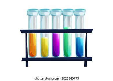 Test tubes, glass bottles with liquid in different colors in cartoon style isolated on white background. Lab, chemistry element, science equipment.