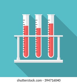 Test tubes icon with long shadow. Flat design style. Blood test tubes silhouette. Simple icon. Modern flat icon in stylish colors. Web site page and mobile app design element.