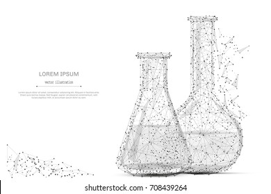 Test tubes isolated from low poly wireframe on white background. Science and analyses. Vector abstract polygonal image mash line and point hands collect puzzle with an inscription. Digital graphics