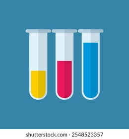 tubos de ensayo. Cristalería de laboratorio con líquido colorido. Ciencia, educación, química, experimento, concepto de laboratorio. Ilustración vectorial en icono de diseño plano con sombra larga