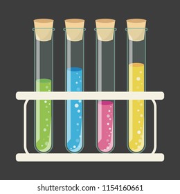 Test tubes laboratory glassware with holder stand. Test tubes with colorful liquid solution vector illustration. Test tubes with stopper and holder. 