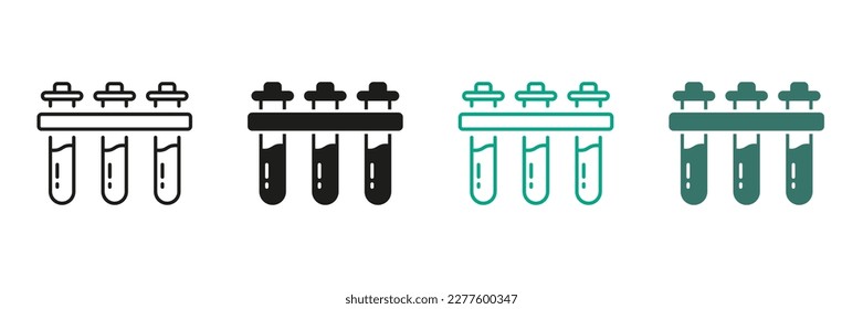 Test Tubes Line and Silhouette Icon Set. Chemistry Beaker Black and Color Symbol Collection. Medical Laboratory Sample Pictogram. Chemical Experiment, Glass Flask Sign. Isolated Vector Illustration.