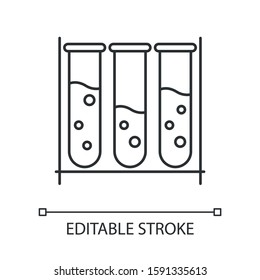 Test tubes linear icon. Organic chemistry. Laboratory work. Interaction with chemicals. Scientific research.Thin line illustration. Contour symbol. Vector isolated outline drawing. Editable stroke