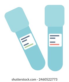 Test tubes for liquid samples in flat design. Laboratory flask with labels. Vector illustration isolated.