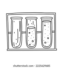 Test tubes with liquids n hand drawn doodle style. Chemical glass tubes for tests. Vector illustration.