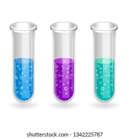 Test tubes with a multi-colored liquid. Dishes for chemical experiments and analyzes. Chemistry vector symbol.