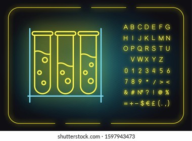 Test tubes neon light icon. Organic chemistry. Laboratory work. Interaction with chemicals. Scientific research. Glowing sign with alphabet, numbers and symbols. Vector isolated illustration