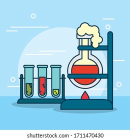 test tubes on stand and flask on burner over blue background, colorful design, vector illustration