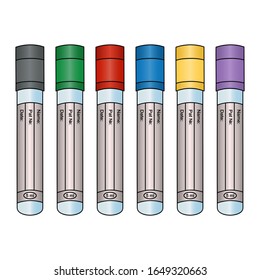 Test tubes for patient plasma diagnostics. Set of vector illustrations. Isolated background. Empty vacuum tubes for several types of analysis of venous blood tests. There is a place for text.