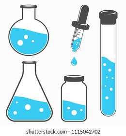 Test tubes and pipette icon. Flask with blue liquid. Element of medical, chemistry lab equipment set. Medicine. Vector illustration.