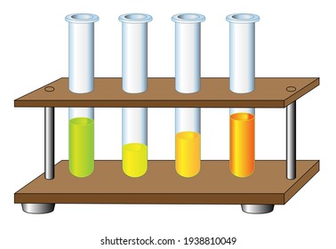 Test tubes in a rack science lab equipment. Glass flasks holding liquid elements for tests and chemistry experiments.