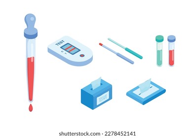 Tubos de ensayo y prueba rápida con muestra de sangre para el análisis del resultado positivo de la prueba COVID-19 para la rápida difusión de la ilustración del vector plano Coronavirus Covid-19.