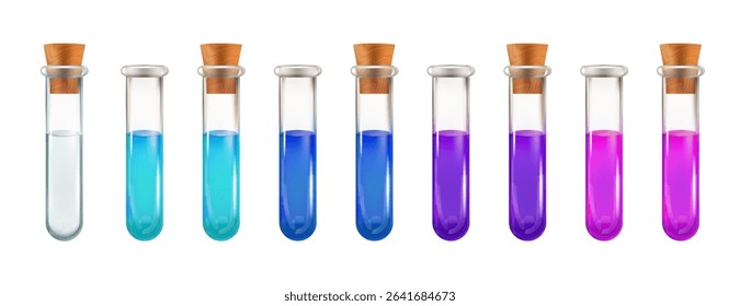 Test tubes set with colored liquid chemical reagents. 3d lab glass bottle, potion magic flask. Vector isolated science icon, medical vial realistic equipment. Medicine transparent cylinder water jar