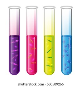 Test tubes set with liquid and bacteria cell and pylori in the laboratory for tests and experiments in science and education. White background. Vector.