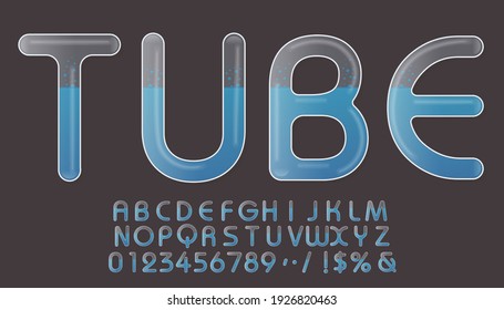 Test tubes style font design, alphabet letters and numbers.