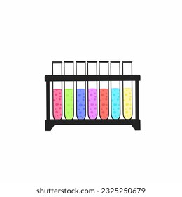 test tubes that are on a rack containing solutions of different colors