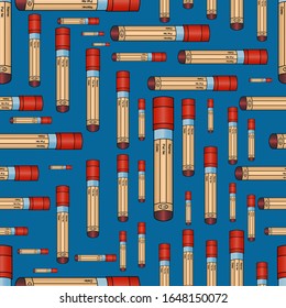 Test tubes. Vacuum tubes with blood tests of patients. Seamless vector pattern. An endlessly repeating ornament. Isolated blue background. Idea for web design, wallpaper, medical literature, cover.