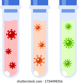 Test tubes with viruses. Various types of pathogens. Medical glassware, microorganism studies. Test verification.