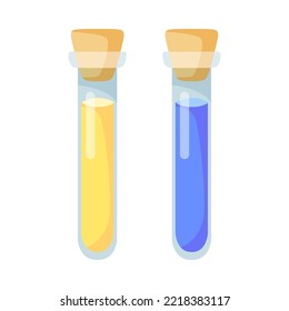 Test tubes with yellow and blue liquid. Using glass flasks for conducting chemical analysis or experiment and making potion. Lab equipment, laboratory, chemistry concept