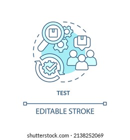 Test turquoise concept icon. Search product in work. Design thinking process abstract idea thin line illustration. Isolated outline drawing. Editable stroke. Arial, Myriad Pro-Bold fonts used