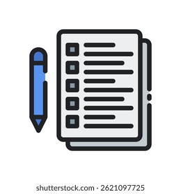 Vetor de teste para exame e verificação de conhecimento - Área de transferência com ícone de pontuação, conceito de avaliação do aluno. Ícone Linha Preenchida