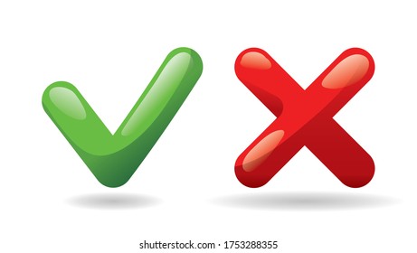 Test vote check mark buttons icon. Tick and cross vote symbol. Green - yes, red - no. Template design for web or mobile app, Vector