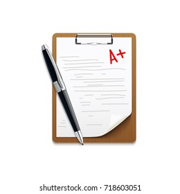 Test written on A+ mark on plastic pad clip folder clipboard for paper with written text and pen school related objects in realistic design isometric vector